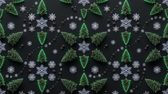 Miniature evergreen christmas trees arranged in a geometric repeating pattern with glowing neon edges alongside metallic snowflakes and tiny pinecones on a solid black background