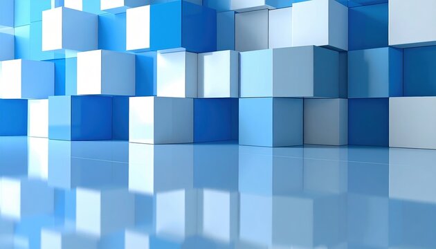 Isometric blue gray white cube pattern floating above glossy reflective floor in modern geometric graphic composition