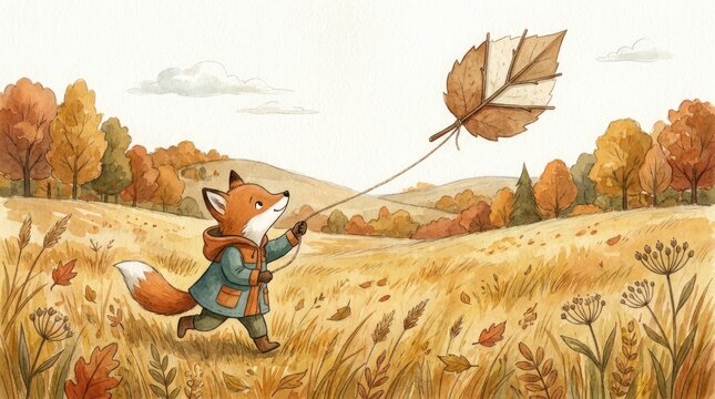 Whimsical watercolor illustration of a cute fox running through a golden autumn field flying a paper kite