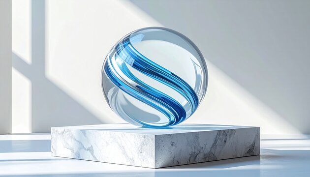 Translucent glass sphere with swirling silver blue stripes floating above a white stone pedestal in minimalist sunlit architecture