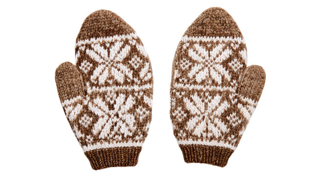 Pair of brown and white winter knit mittens isolated on transparent background as png file