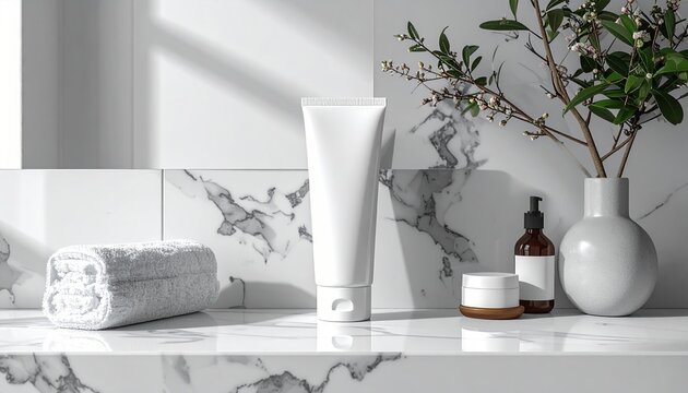Blank white cosmetic tube lying horizontally on bright marble bathroom vanity for skincare packaging mockup