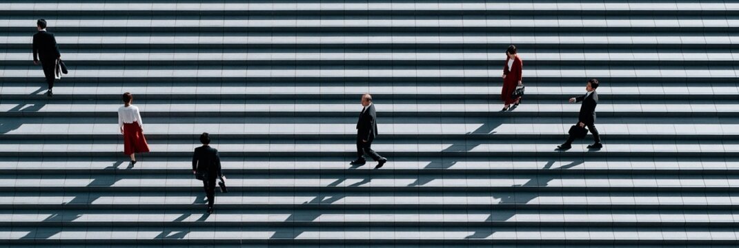People walking up stairs, success and individuality. People in business attire and red dresses ascending a modern staircase, creating a pattern