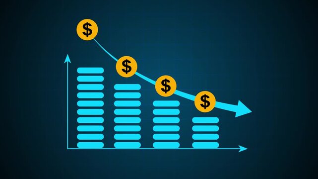 Cost Reduction Business Strategy with Declining Expenses, Cost graph animation video on background.