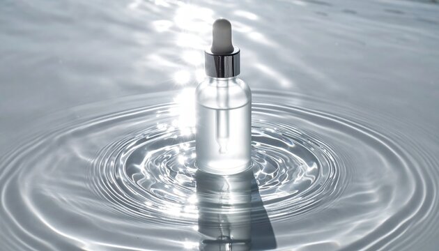 Blank glass serum dropper bottle standing in shallow rippling water with bright caustic reflections