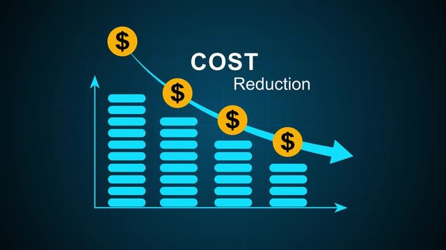 Cost Reduction Business Strategy with Declining Expenses, Cost graph animation video on background.