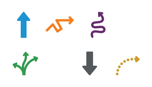 Six colorful arrow icons showing diverse directions and shapes including straight wave split zigzag and curved pathways.