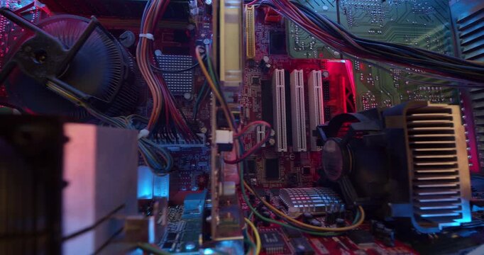 Travelling inside computer then the fan of a cooler fails,then a heavy smoke fill everything (Good place to make a fade out to white). 