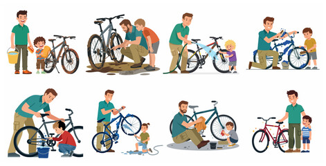 Fototapeta premium Set of father and son characters washing and cleaning bicycles together vector illustration