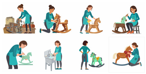 Fototapeta premium Woman restoring old wooden rocking horse step-by-step, DIY toy repair and upcycling concept vector illustrations.