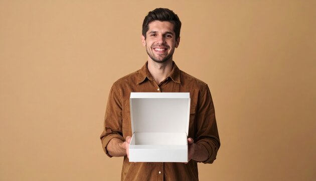 Man in light brown linen shirt holding open empty square white cardboard box and presenting it toward camera