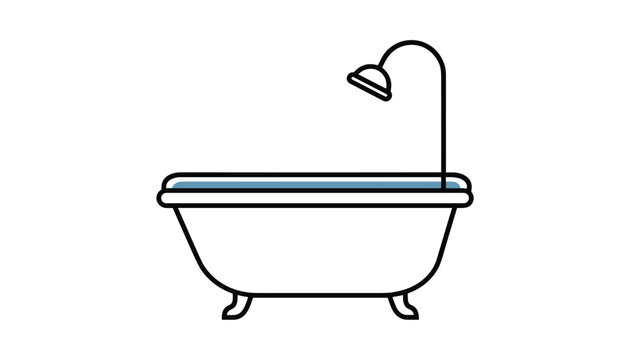 Minimalist outline illustration of a classic clawfoot bathtub filled with water under a vintage shower head in flat cartoon style.