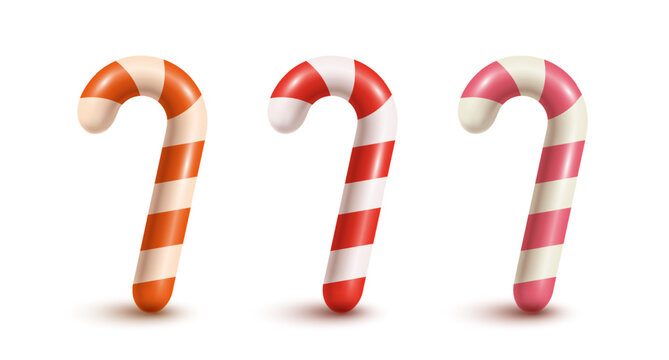 Three glossy candy canes stand upright against a white background. Vector EPS 10.