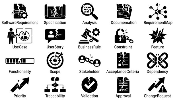 Software requirements engineering icon set featuring specification, analysis, documentation, use case, user story, business rule, feature, scope, stakeholder, validation, approval, traceability, depen