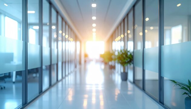 Modern corporate office hallway with glass partitions and soft daylight bokeh
