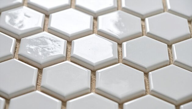 Macro view of clean white ceramic mosaic tiles with beige grout forming geometric bathroom pattern