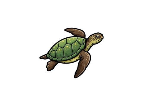 Green Sea Turtle Swimming With A Patterned Shell And Extended Flippers, Peaceful Marine Wildlife Symbol For Ocean Conservation And Tropical Nature Designs, Vector Illustration