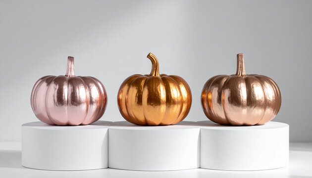 Three shiny metallic decorative pumpkins arranged on white display podium in minimalist room