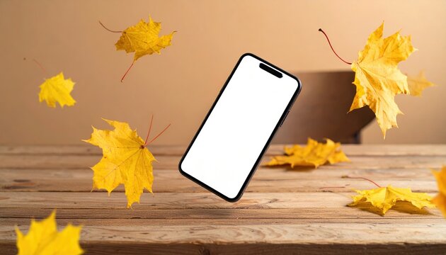 Levitating blank smartphone above wooden office desk with falling yellow maple leaves