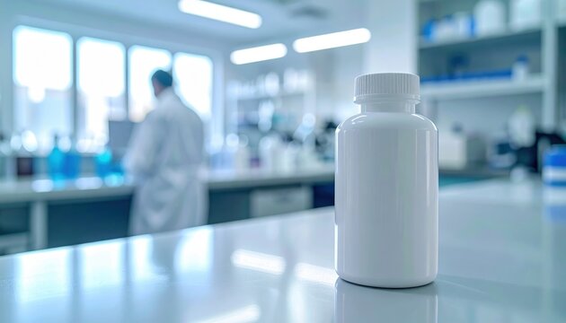 Blank white plastic medicine bottle on laboratory counter with scientist working in blurred clinical research facility