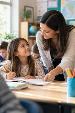 Teacher helping elementary student with schoolwork in classroom