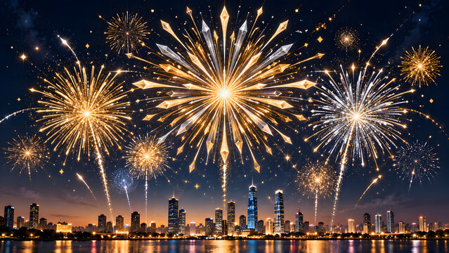 Fireworks display with golden light patterns over city skyline.