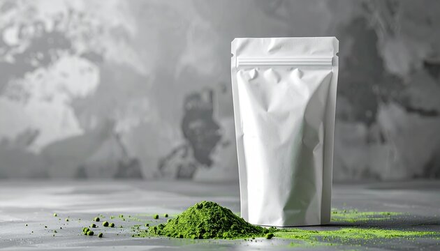 Blank white stand-up pouch packaging mockup filled with green matcha powder on gray surface