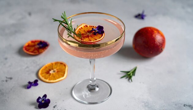 Sparkling beverage in gold rimmed coupe glass garnished with dried blood orange rosemary and edible purple flowers