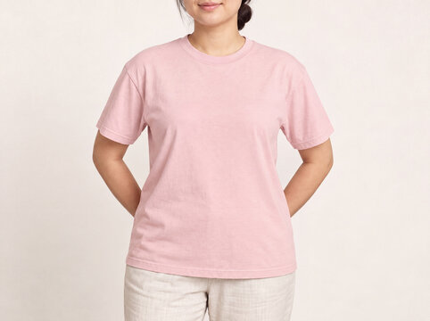Blank Pink T Shirt Mockup on Woman in Beige Studio For Print On Demand Mockups