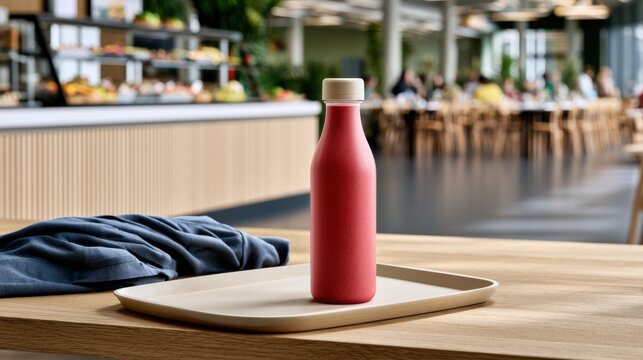 Pink smoothie bottle on wooden table in modern cafe interior for product mockup packaging and advertising design