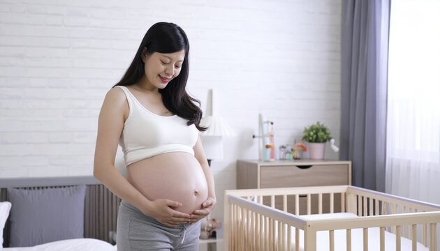 Smiling expectant mother touching pregnant belly inside modern baby nursery near white wooden crib