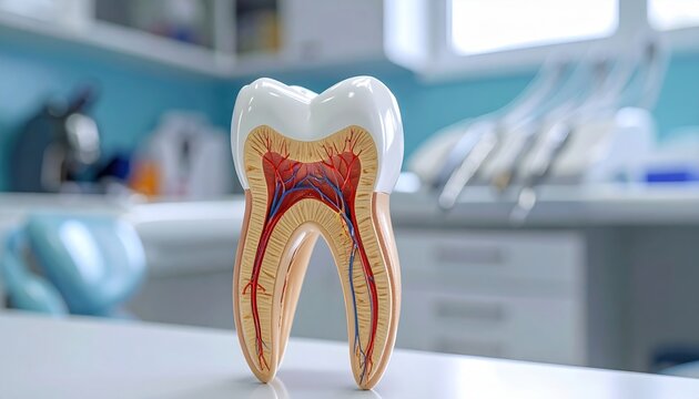 Human tooth anatomical model displaying internal nerve structure inside modern dental clinic