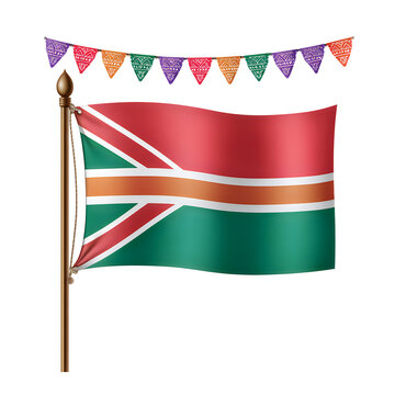 South africa style flag on pole with colorful hanging triangle bunting