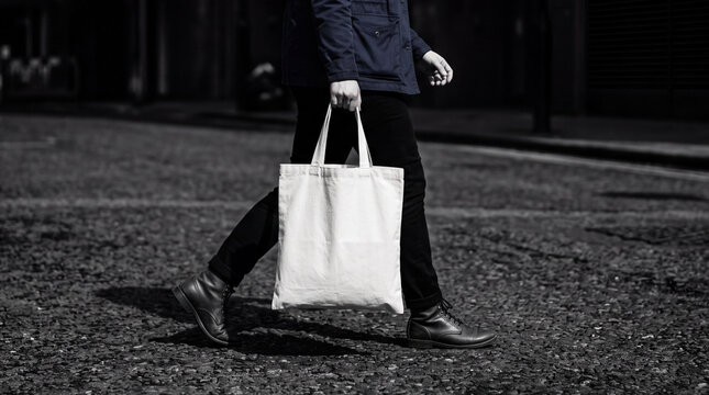 Mockup Woman walking with blank tote bag mockup on city street
