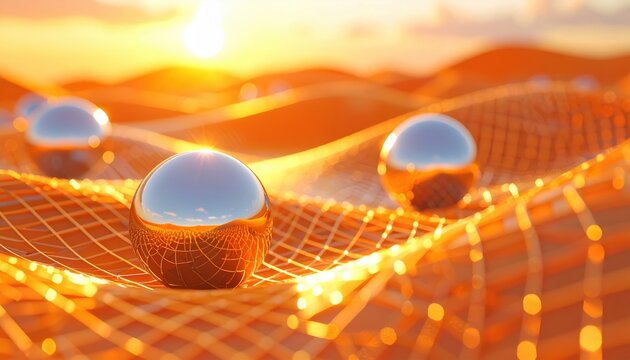 Shiny silver metallic spheres resting in valleys of wavy orange geometric grid under golden sunset