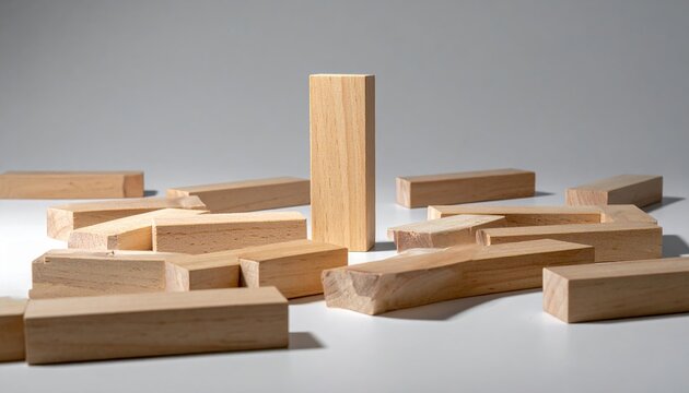 Single upright wooden block surrounded by scattered flat wooden blocks on clean studio floor