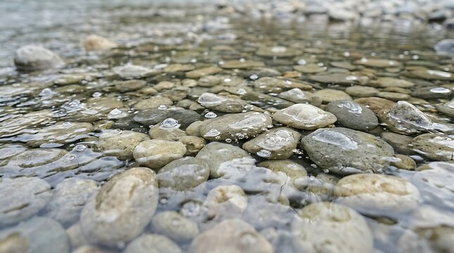 Clear stream bed with smooth river rocks and water bubbles in natural sunlight