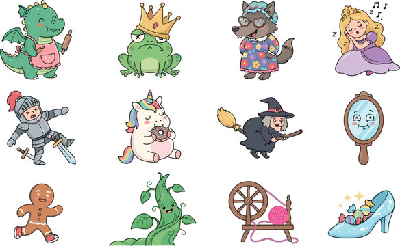 Cute Kawaii Fairy Tale Vector Icon Set with Magical Storybook Characters and Fantasy Elements for Kids Stickers and Children Book Illustration