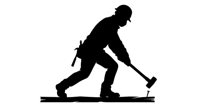 Construction worker silhouette hammering a nail against a white background