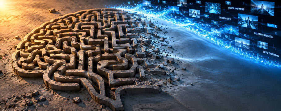 Brain maze dissolving into digital data representing AI learning.