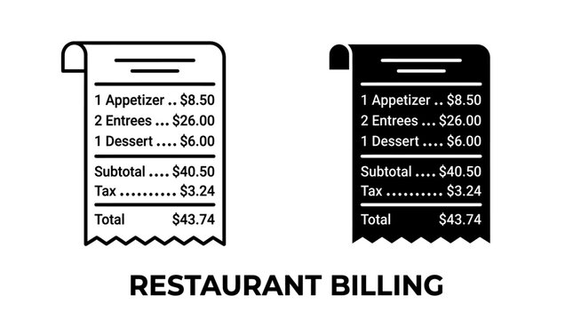 Restaurant billing icons with itemized receipt design restaurant accounting business commerce transaction calculation subtotal template information purchase management
