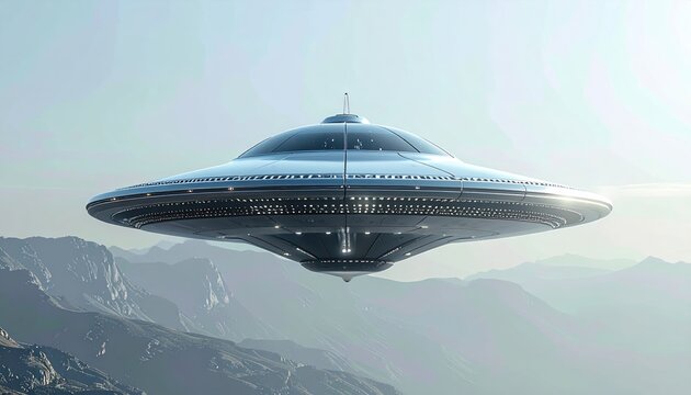 Futuristic silver metallic flying saucer hovering against clean bright background representing extraterrestrial technology