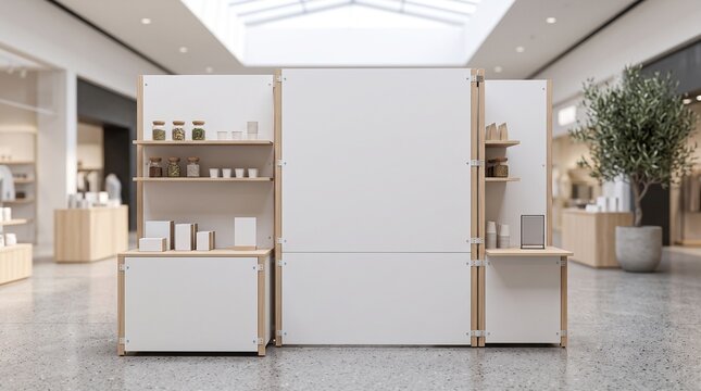 Minimalist modular retail sampling wall stand in modern shopping mall bright atrium with product rac