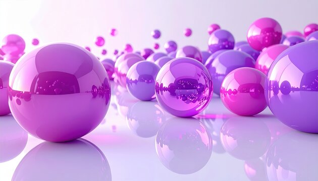Shiny pink and purple 3D spheres scattered across reflective white surface creating abstract geometric composition