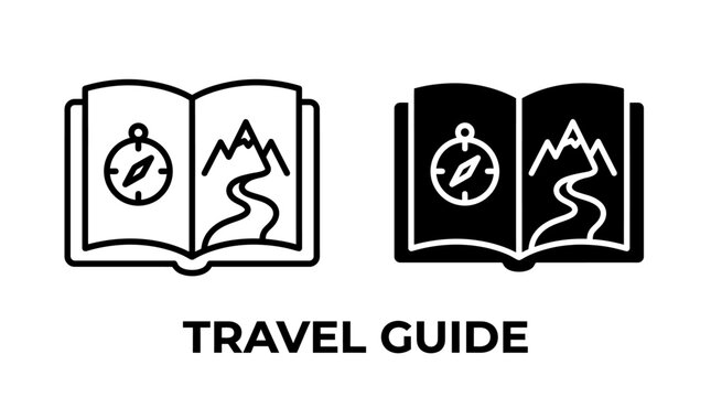 Travel guide icons with open book compass and mountain range mountain navigation vacation adventure direction exploration landmark destination traveling information itinerary planning