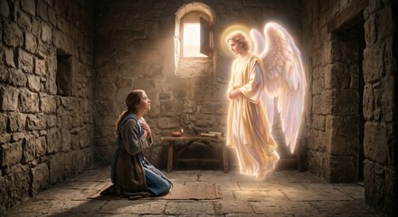 Fototapeta premium Angel appearing to Mary in stone room with divine glowing light mood