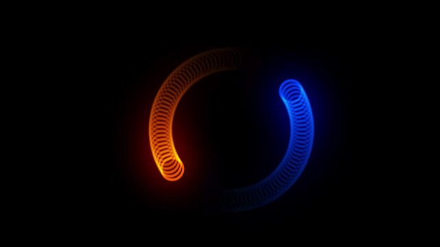 Glowing blue and orange geometric wave lines creating a futuristic circular energy motion, abstract neon technology effect, digital light tunnel, modern wireframe animation,  on black background. 4k