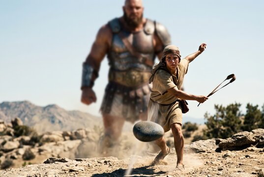 David and Goliath biblical battle scene boy throwing stone with sling