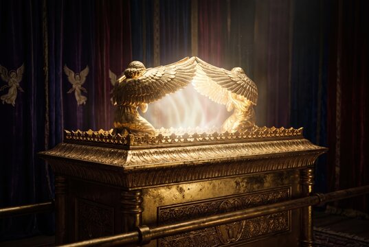 Ark of the Covenant glowing with divine holy light and golden cherubim