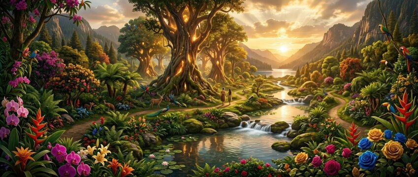 Magical garden landscape with glowing giant trees and paradise river